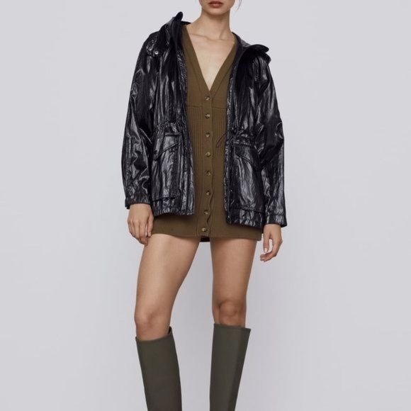 Zara black shiny parka raincoat zip up hood large - Picture 1 of 9